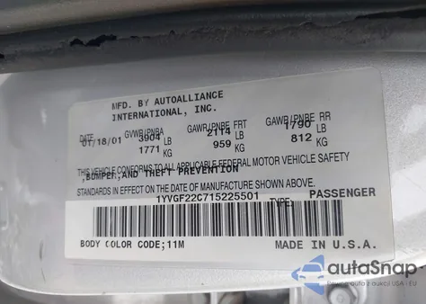 2001 Mazda 626 Es/Lx z USA, uszkodzony, nr VIN 1YVGF22C715225501